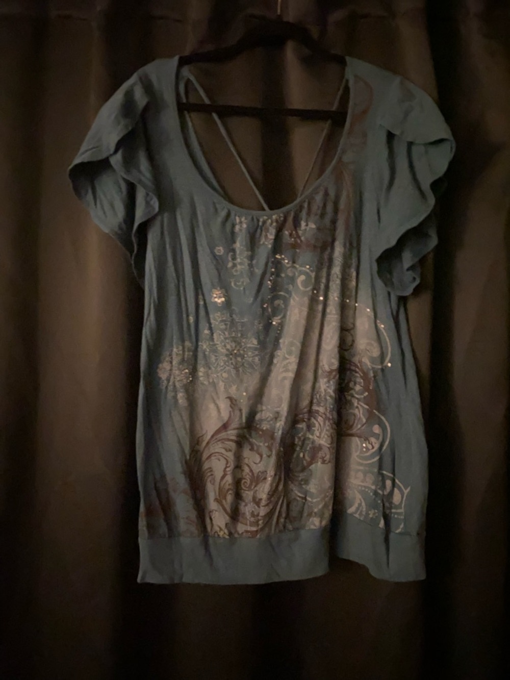 Women’s Teal Short Sleeve Scoop Neck Top with Embellished Print